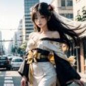 Computer wallpaper， moving Japanese kimono， real person， cyber kimono: fashion fusion of future and tradition