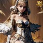 手機桌布，Cloche Leythal Pastalia Ar Tonelico 魔塔大陸2，寫實，一個身穿金色連身裙的女孩，手臂上有翅膀。