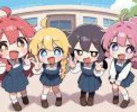 YuruYuri，The five girls are wearing blue uniforms.