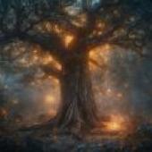 Misty Forest，A dark and gloomy forest scene with the sun shining through a tree.