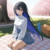 Picnic under the tree，A girl sits on the ground with her leg bent.