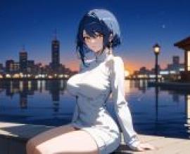 Memories of the past，A girl in front of the city skyline at sunset.