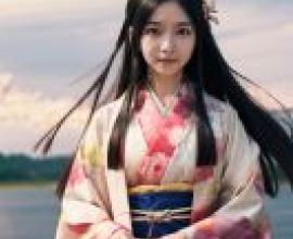 kimono uchikake hime，Model wears kimono on beach.