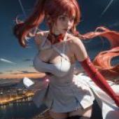 Changli，Fusion Natural Resonator in Wuthering Waves，A girl with large red breasts stands in front of a city skyline.