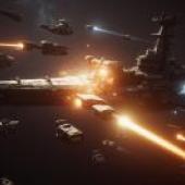 太空戰鬥場景，多艘戰艦交戰。