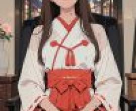 kimono，A woman is sitting in an orange kimono.