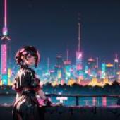 Anime beautiful girl figure， pink night light city —Tey ghailan night scene anime beautiful girl， balcony Chinese tablecloth free download