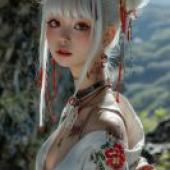 Bun head，A beautiful young woman with white hair and red earrings.