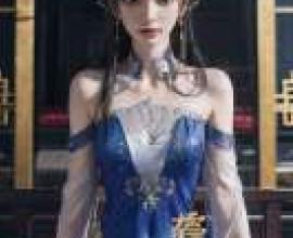 Li Muwan，A girl wears a blue dress with Chinese symbols.