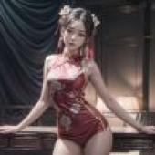 Chinese cheongsam beauty， desk Yayun， red gold thought