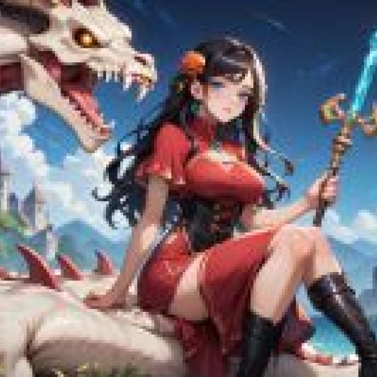 dragon girl，長髮女孩，身穿紅色連身裙，手持寶劍，坐在恐龍身上。