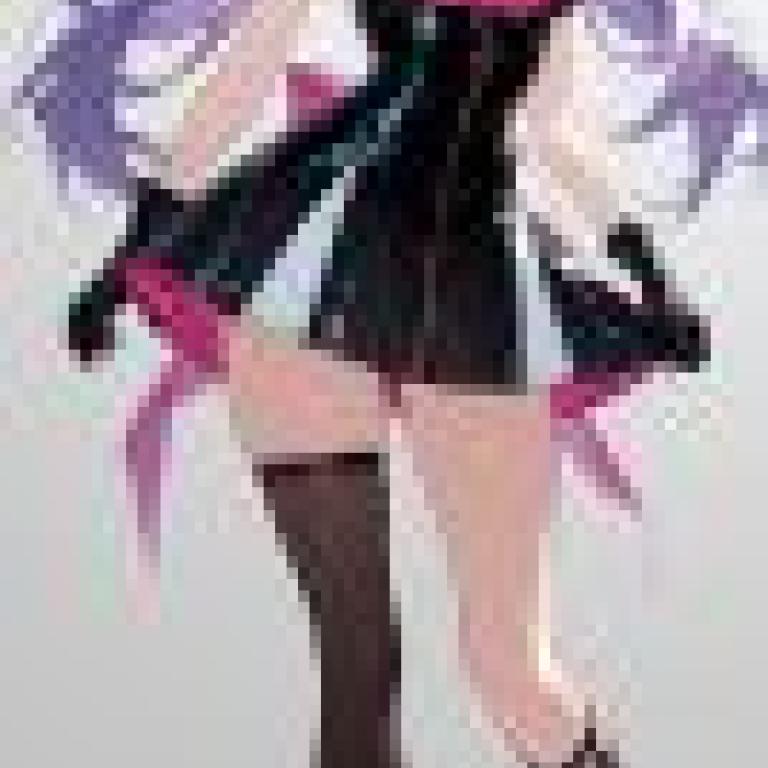 girls，A girl with blue hair and purple eyes in black and pink dress.