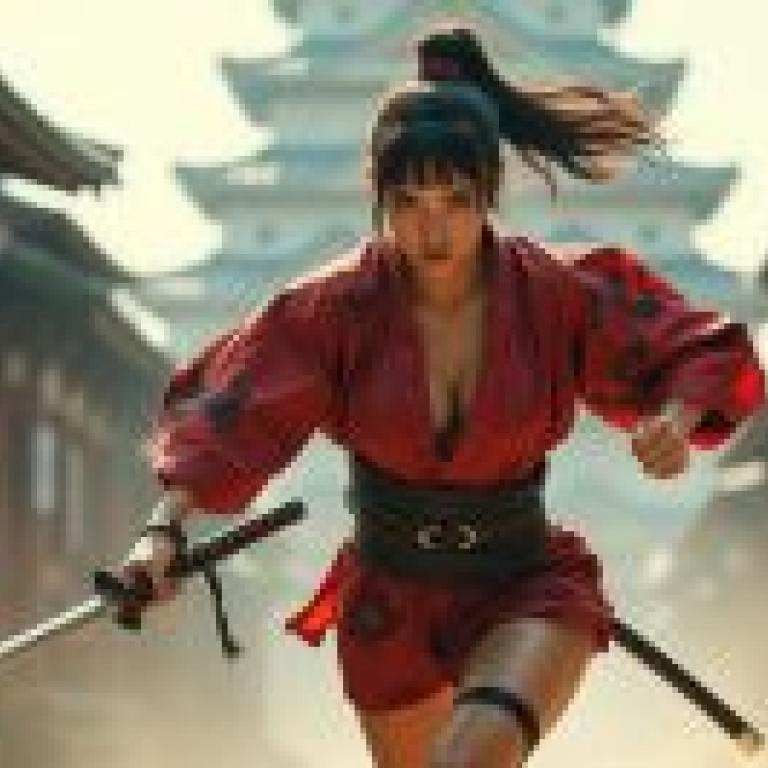 Samurai girl，Lady in red dress and black hair.