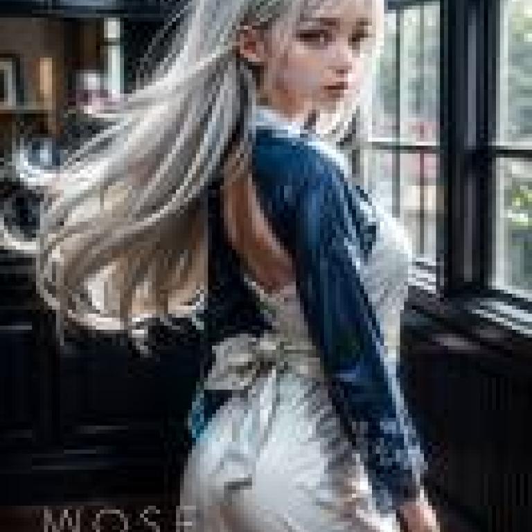 Mobile phone wallpaper， white hair dress， realistic， a woman in a blue dress with her back to the camera.