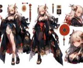 character design，Anime character illustration with various accessories and clothing.