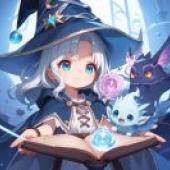 Magic book，A girl holding an open book with a blue ball and two creatures.