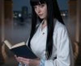 girl，A woman with long black hair reading a book.