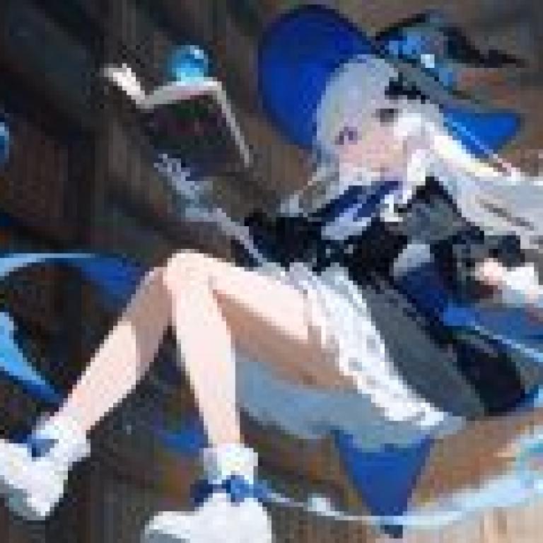 Naughty Magic Girl，Blue witch reads book with wand in hand.