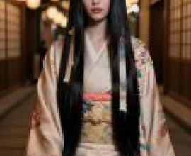 An adventure in Japan，A black haired woman dressed in Japanese clothing.