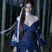 Alluring female assassin，Asian woman in blue kimono with bow and sunglasses.