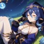 Layla GenshinA blue haired girl with wings lays in the grass.