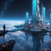 shot of a futuristic gleamingBlue cityscape in the sky.