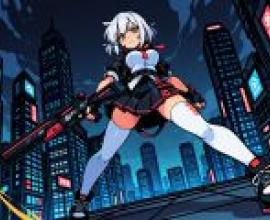 Future Female Police，An anime woman is on the ground in front of a city skyline.