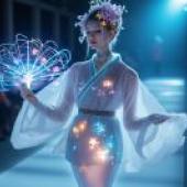 Technology kimono，A woman with blue hair wearing a white dress.