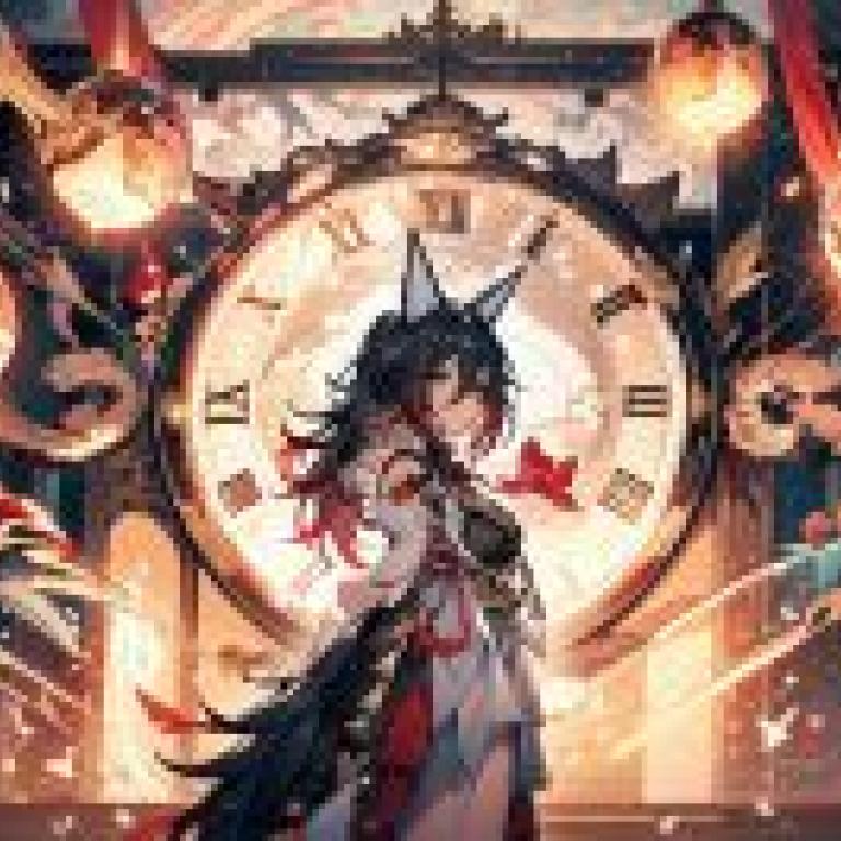 時間盡頭：一個女孩站在一個有羅馬數字的鐘前。