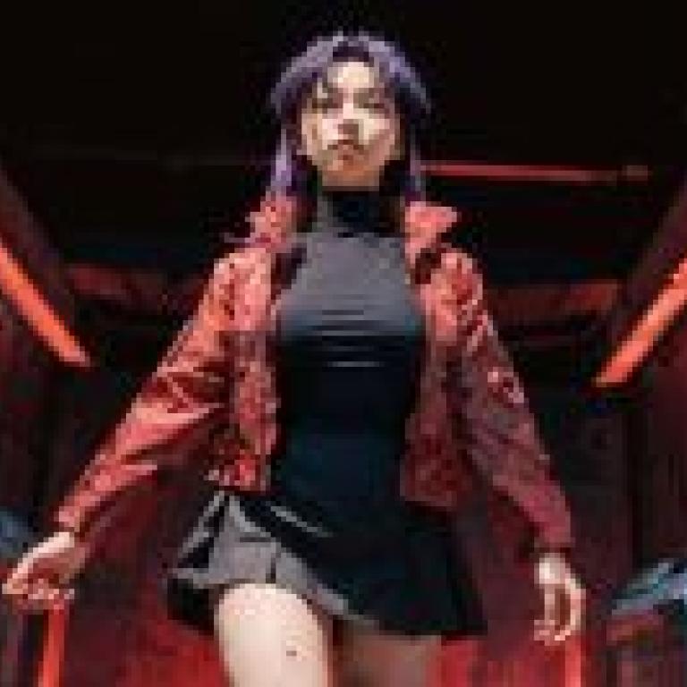 葛城美里，《新世紀福音戰士》，一位身穿紅色外套和黑色襯衫、有著紫色頭髮的女孩。