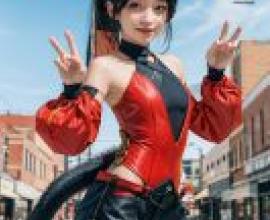 貓宮又奈 Nekomiya Mana，一名身穿紅黑色服裝的女孩在街上擺姿勢。