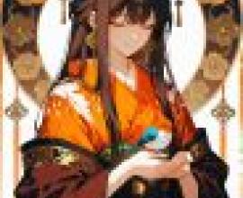 Japanese kimono clad beauties，A woman with black hair holds a bird and wears an orange kimono.