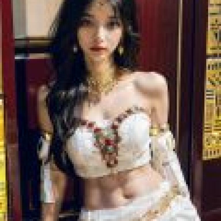 埃及女神，一位長著黑髮、戴金飾、身穿白色洋裝的女子。