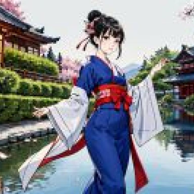 Ancient Kimono，動漫人物站在池塘前。