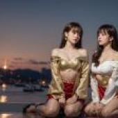 Live beauty， Jinhong Night Light Beauty -Real Beauty on the Water Night， Golden Red Clothing， Urban Background， Tablecloth Free Download.