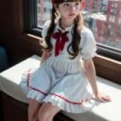 sleepwalking girlGirl in red bow and white dress.