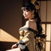 「陽光姿態」- 金黑和服風，陽光穿窗戶，桌布免費下載