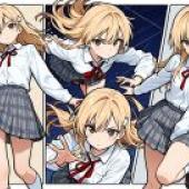 Ajisai Sena，A young woman is shown in four different poses with different outfits.