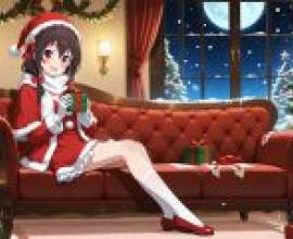 Christmas alone time，The girl is sitting on the couch.