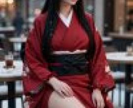 kimono，A woman in red who is sitting on a table.