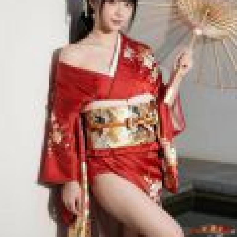 Cherry blossoms and kimonos，A woman holding an umbrella and wearing red clothing.