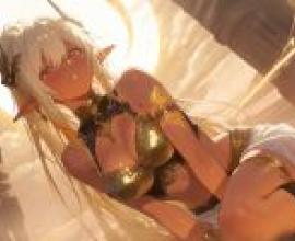 Desert mirage，A blonde anime girl with horns， wearing gold jewelry and a brown skirt.