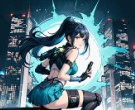 Future Warrior，A blue haired woman with a gun in her right hand.