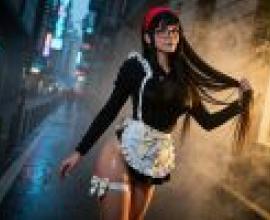 psychedelic，A woman in a maid outfit with glasses on.