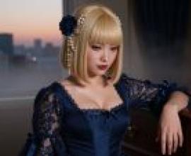 街頭攝影，一位戴著珍珠耳環、穿著藍色洋裝的金髮女子。