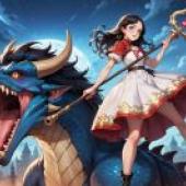 dragon girl，肩扛物品的少女站在龍前。