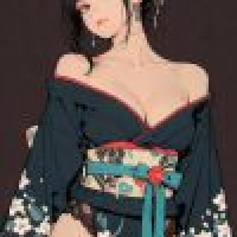 女孩們，一位穿著和服的女子。