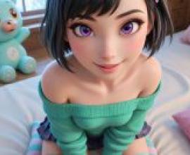 雲妮洛普·馮·史威茲，《無敵破壞王》中的角色，穿著藍色毛衣的女孩坐在一個毛絨玩具旁邊。