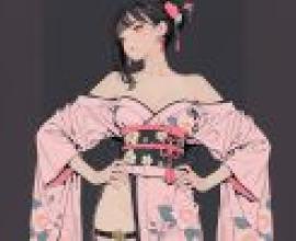 和服，一位穿著和服、頭髮上戴著紅色花朵的女子。