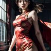 Mobile wallpaper， Fumi Kanno， Megami Tensei， Realistic， Asian woman in a red dress and no shoes.